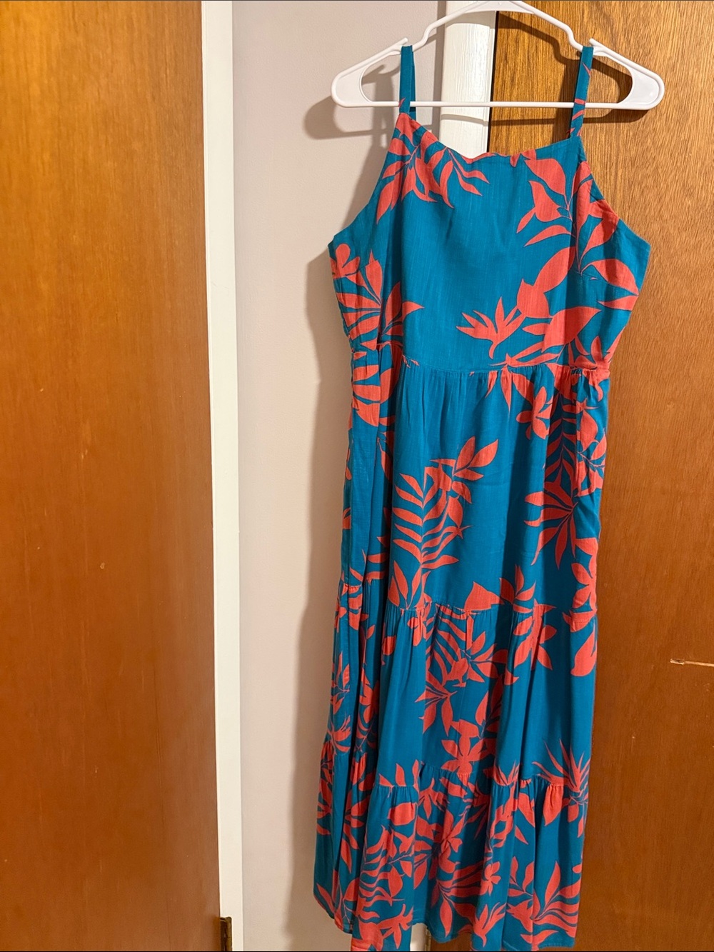 Old Navy Teal Maxi Dress with Coral Leaf Print